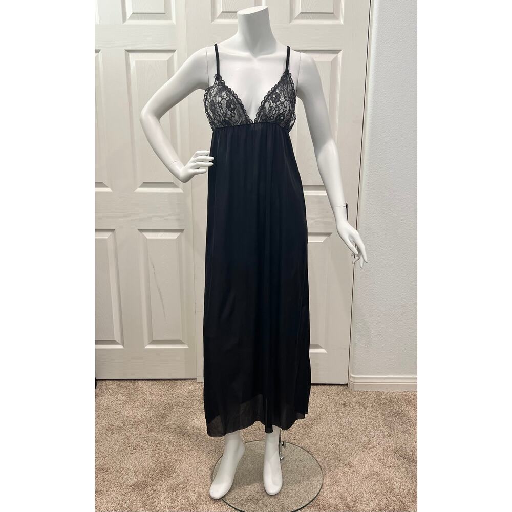 Vintage black slip nightgown dress lace strappy feminine lingerie XS/S